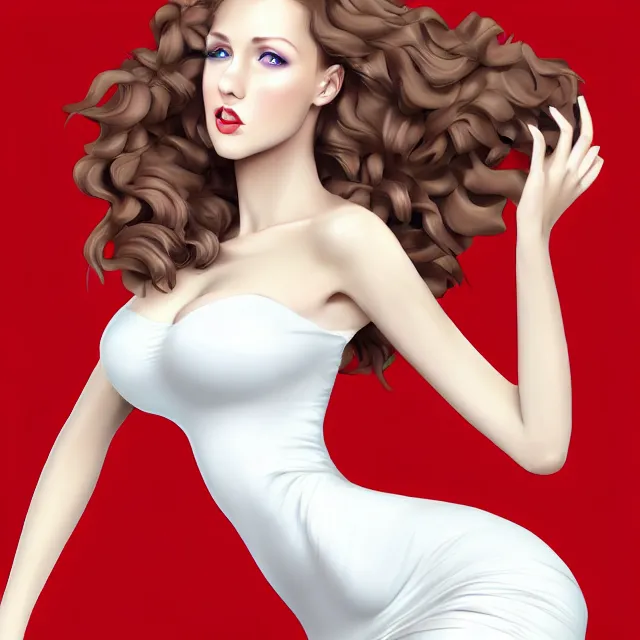 Prompt: professional digital art of a white incredibly !attractive! thin slightly curvy woman with light brown curly hair blue eyes, small smile, front view, standing in tight red dress, very attractive, beautiful face, impressive, Canon 40mm view, HD, 4k, well composed, best on artstation, cgsociety, epic, stunning, gorgeous, intricate detail, wow, masterpiece by Gil Elvgren and Dorian Cleavanger