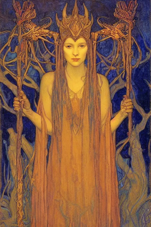 Image similar to queen of the swamp with her lantern by Annie Swynnerton and Nicholas Roerich and jean delville, strong dramatic cinematic lighting , ornate headdress , flowing robes, lost civilizations, smooth, sharp focus, extremely detailed