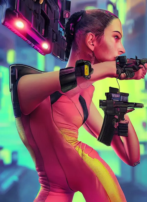 Image similar to beautiful cyberpunk female athlete wearing pink jumpsuit and yellow jacket. firing a futuristic red automatic pistol with huge magazine. ad poster for pistol. cyberpunk poster by james gurney, azamat khairov, and alphonso mucha. artstationhq. gorgeous face. painting with vivid color, cell shading. ( rb 6 s, cyberpunk 2 0 7 7 )