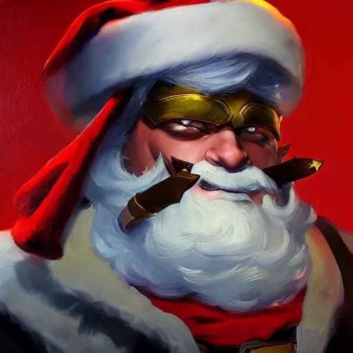 Prompt: greg manchess portrait painting of armored santa claus as overwatch character, medium shot, asymmetrical, profile picture, organic painting, sunny day, matte painting, bold shapes, hard edges, street art, trending on artstation, by huang guangjian and gil elvgren and sachin teng