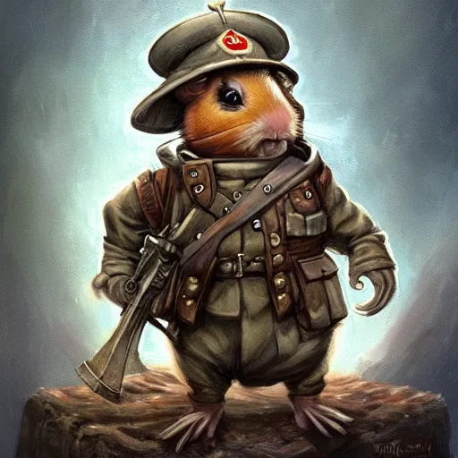 Image similar to cute little anthropomorphic Guinea Pig ww1 soldier, tiny, small, short, military outfit, cute and adorable, pretty, beautiful, DnD character art portrait, matte fantasy painting, DeviantArt Artstation, by Jason Felix by Steve Argyle by Tyler Jacobson by Peter Mohrbacher, cinema