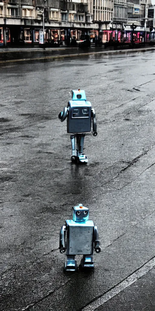 Image similar to robot on the road, city, photo, rain,