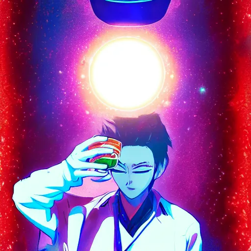 Prompt: A man drinking a cup of cosmic energy bright light by Masafumi Harada, 4k, digital art, surreal, anime style, Park Sung-woo Red Ice style