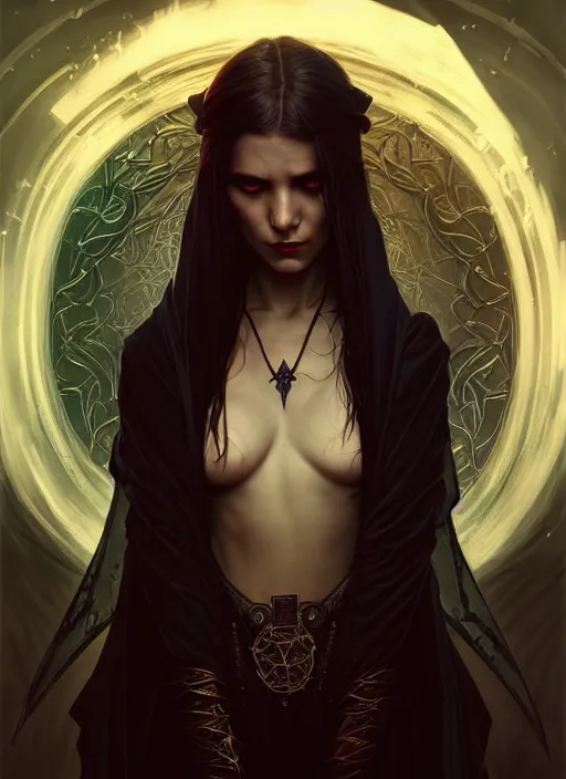 Image similar to Necromancer Sorceress, fantasy magic, undercut hairstyle, dark light night, intricate, elegant, sharp focus, illustration, highly detailed, digital painting, concept art, matte, art by WLOP and Artgerm and Greg Rutkowski and Alphonse Mucha, masterpiece