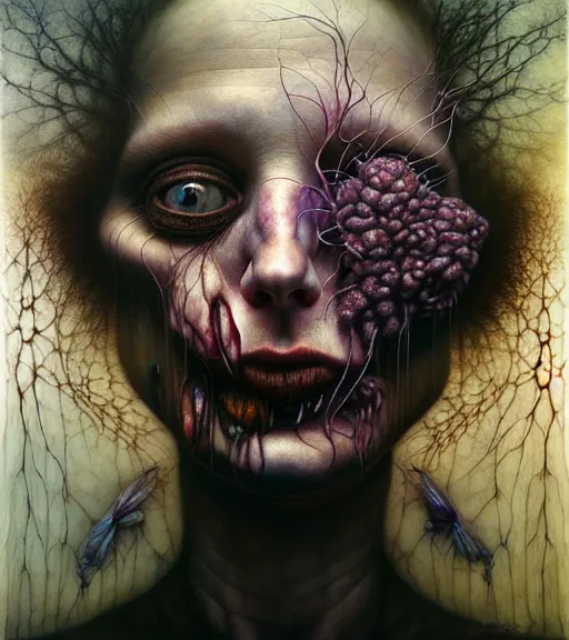 Image similar to portrait, stranger psycho by michael page, alyssa monks, julie heffernan, glenn brown, naoto hattori, brian froud, nicola samori, paolo roversi, kilart, 8 k, hyper detailed.