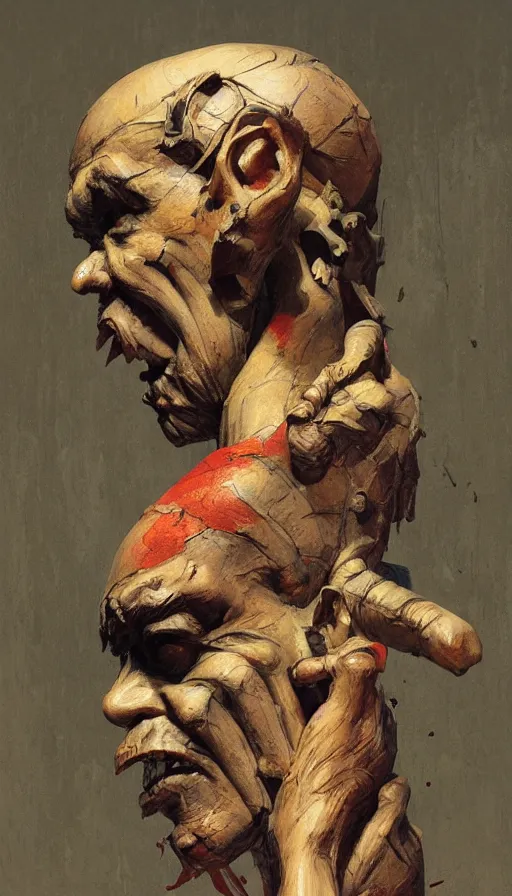 Image similar to wooden gargoyle profiles, paint texture, digital painting, highly detailed, artstation, sharp focus, sunlit, painted by ruan jia, raymond swanland, lawrence alma tadema, zdzislaw beksinski, norman rockwell, jack kirby, tom lovell, alex malveda, greg staples