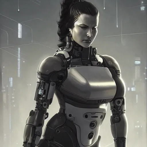 Image similar to gina carano with robotic cybernetic metallic grey left arm, casual pose, cyberpunk, digital painting, artstation, concept art, smooth, 8 k frostbite 3 engine, ultra detailed, art by artgerm and greg rutkowski and magali villeneuve