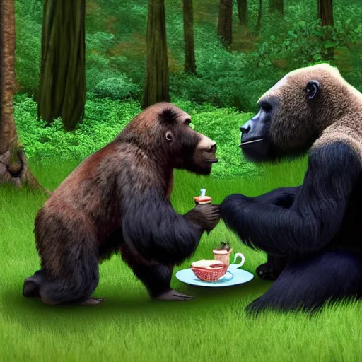 Image similar to bear and gorilla having a tea party in the middle of the woods, hyper realistic, 4 k, hd, highly detailed