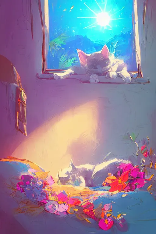 Image similar to a digital art of a cat sleeping in the room with flowers around in the afternoon, the sun shines in, animal, light effect, highly detailed, by anton fadeev