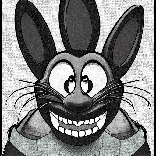 Image similar to A extremely highly detailed majestic hi-res beautiful, highly detailed head and shoulders portrait of a scary terrifying creepy cartoon rabbit evil smiling standing up wearing pants and a shirt in the style of Walt Disney animation