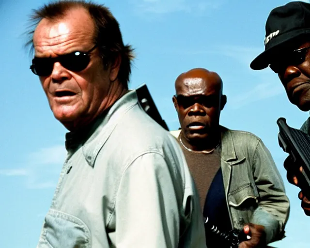 Image similar to Jack Nicholson and Samuel L. Jackson are Terminators action scene