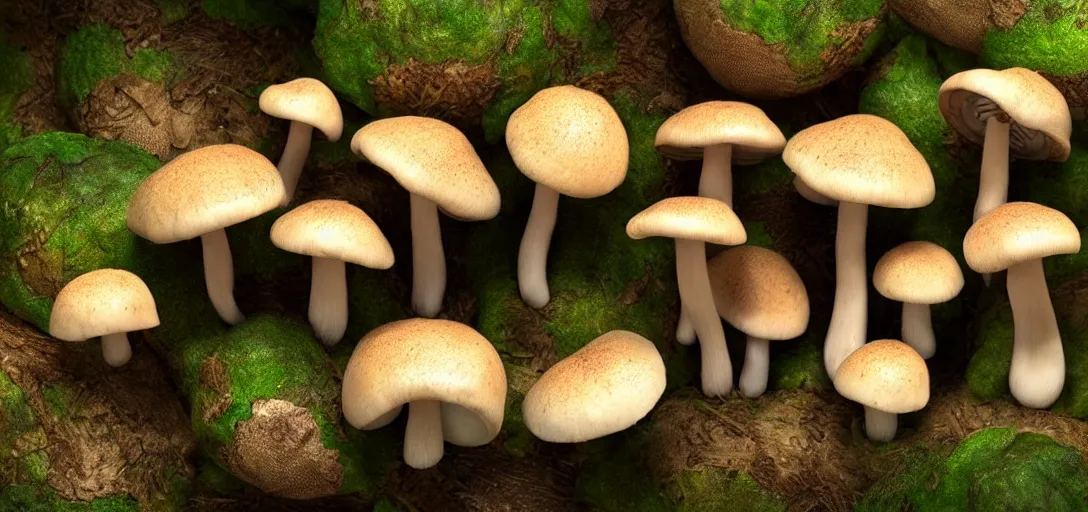 Prompt: 3 d study of a bunch of mushrooms in the forest, photorealistic, detailed, octane