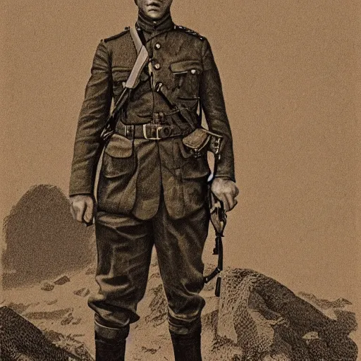 Image similar to a detailed photorealistic sepia - toned color line drawing of a 1 9 1 7 worried clean - shaven british lieutenant in detailed field gear not wearing a hat in wadi rum, ultra realistic, painted, intricate details, lovecraft, atmospheric, dark, horror, brooding, highly detailed, by clyde caldwell