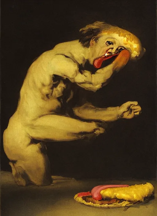 Image similar to saturn devouring his hot dog by francisco goya