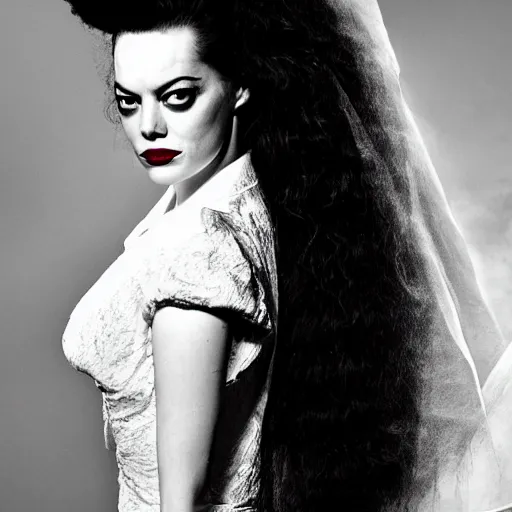 Prompt: emma stone as the bride of frankenstein, bride of frankenstein hair, universal, movie, photography, portrait, beautiful,