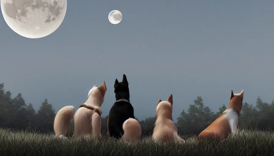 Image similar to back view of dogs watching the moon sitting on the hill, hyperdetailed, artstation, cgsociety, 8 k