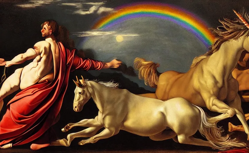 Image similar to a lonely unicorn walking on a rainbow in the universe in the style of Caravaggio, digital art, high quality, highly detailed, high coherence, anatomically correct, Caravaggio, concept art, marterpiece