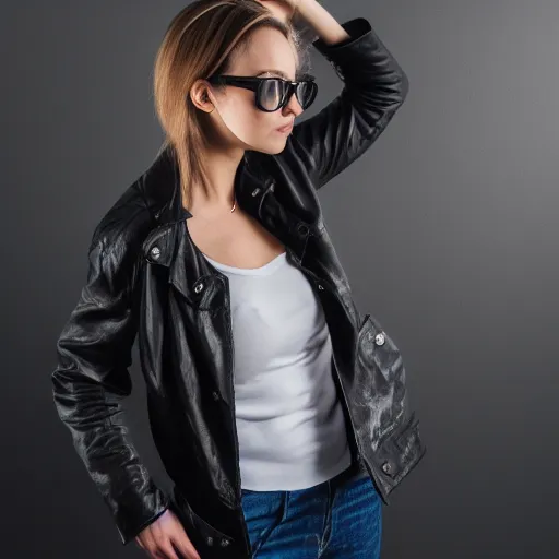 Image similar to a woman in black jacket and jeans holding a camera, a photo by Camille Souter, shutterstock, art photography, studio photography, stylish, black background