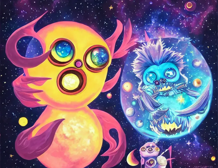 Image similar to interdimensional furby ruling over celestial bodies. this gouache painting by the award - winning mangaka has dramatic lighting, an interesting color scheme and intricate details.