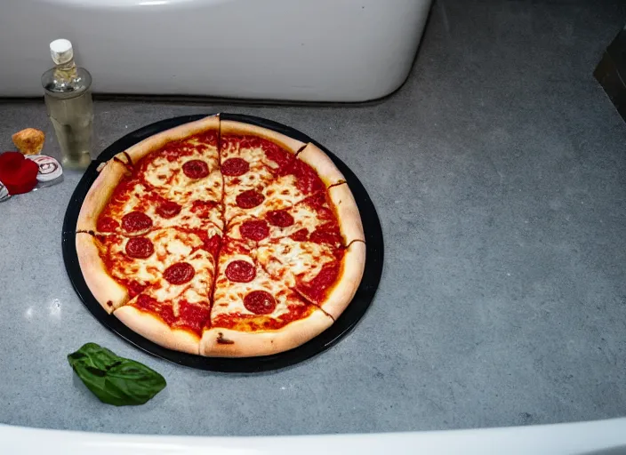 Prompt: pizza in the bathtub, photo - n 4