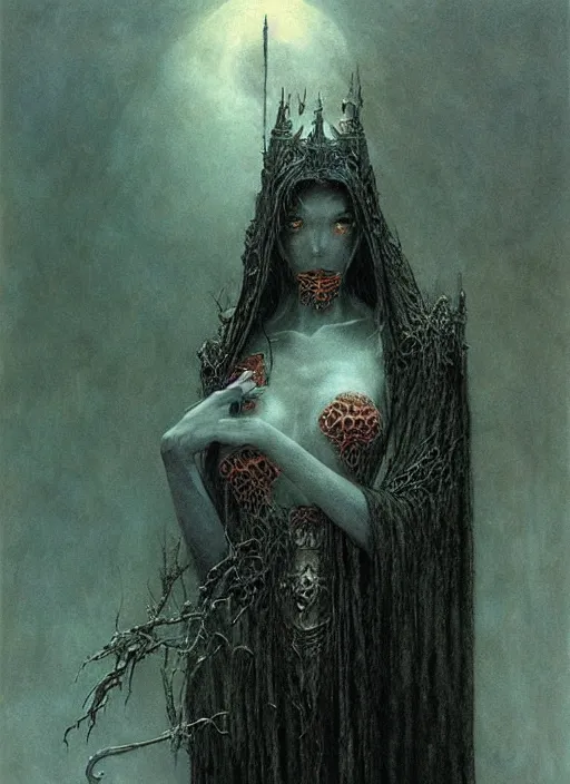 Prompt: portrait of majestic dark necromancer queen by Beksinski and Luis Royo