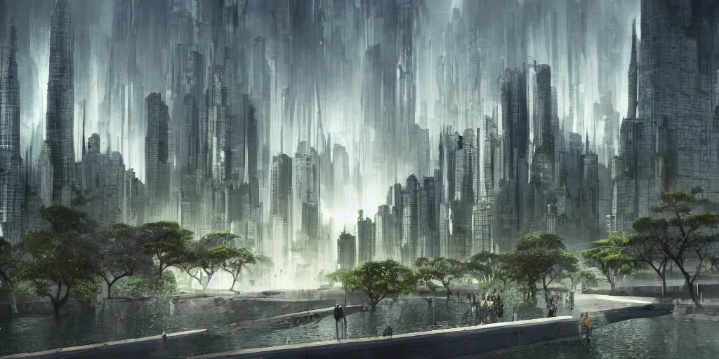 Prompt: city and temples, but with trees and water, arab architectural and brutalism and gigantism, composition idea concept art for movies, style of denis villeneuve and greg fraiser