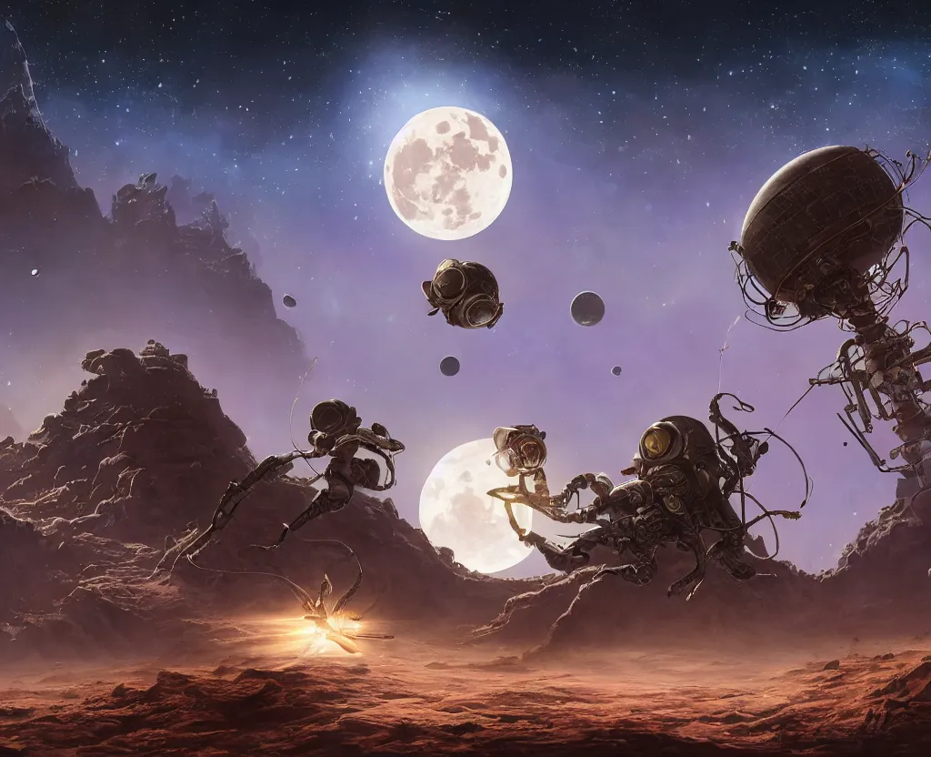 Prompt: black ant astronaut repairing its space nest craft with the earth and the moon in background, and shooting stars, gloomhaven, matte painting concept art, art nouveau, beautifully backlit, swirly vibrant color lines, fantastically gaudy, aesthetic octane render, hyperrealistic, focused, extreme details, masterpiece, 8 k, ultrahd, hd resolution