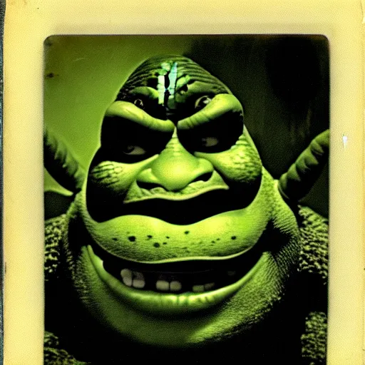 Image similar to horrifying old polaroid of monster shrek staring from the depths of the dark gloomy forest, photo by beksinsky, carpenter, creepy pasta, photorealistic, grainy, found footage, old film, low quality, horror, creepy, unsettling, terrifying