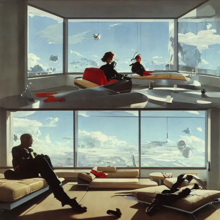 Image similar to a futuristic minimalist lounge room with a big window opening up to a wide open meadow with billowing clouds in the sky. highly detailed science fiction painting by norman rockwell, frank frazetta, and syd mead. rich colors, high contrast, gloomy atmosphere. trending on artstation.