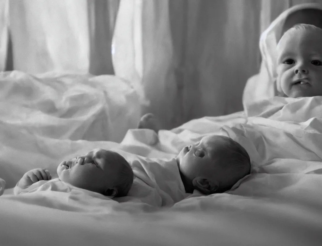 Prompt: A 2 month old blond baby is isolated and lying in a hospital bed in 1971, sheet on his face, his arms and legs are hanging, A window with a white cloth and the sun , ultra detailed, blur, depth field by Andrei Tarkovsky