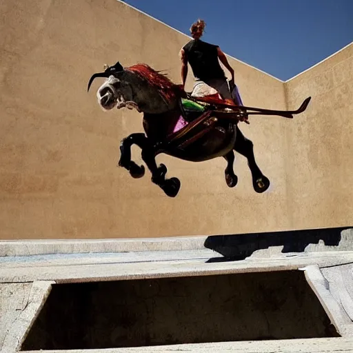 Prompt: roman chariot drawn by horse jumping a half pipe, high tricks, intense, fish lense, style of Tony Hawk pro skater