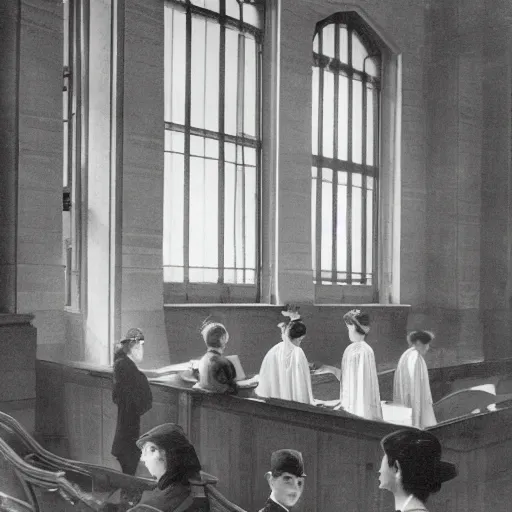 Prompt: an image of a civic civil court, in a medium full shot, russian and japanese mix, high - key lighting, warm lighting, overcast flat midday sunlight, a vintage historical fantasy 1 9 1 5 photo from life magazine, professional cooperate, the new york times photojournalism.