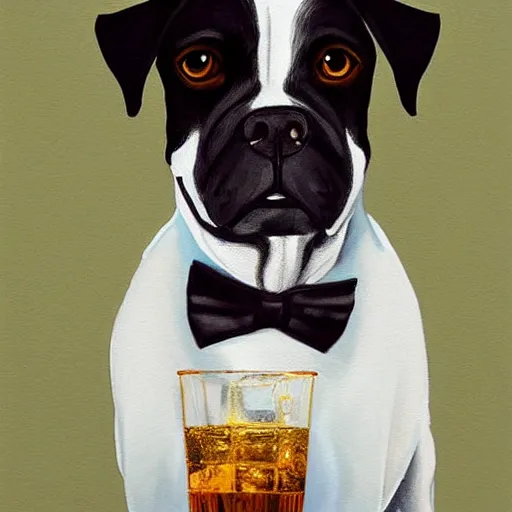 Image similar to a beautiful illustration painting of a dog in a tuxedo drinking whiskey by rutkowski featured on artstation, studio lighting, photorealistic digital art