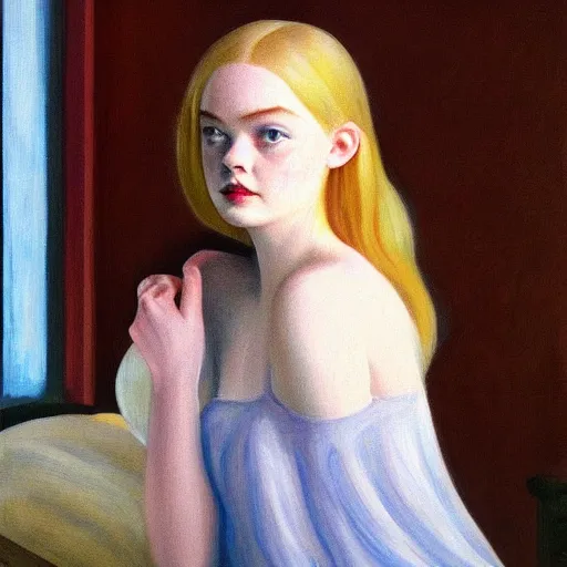 Prompt: Painting of Elle Fanning rising from the grave, long blonde hair, delicate, pale milky white porcelain skin, by Edward Hopper. 8K. Extremely detailed.