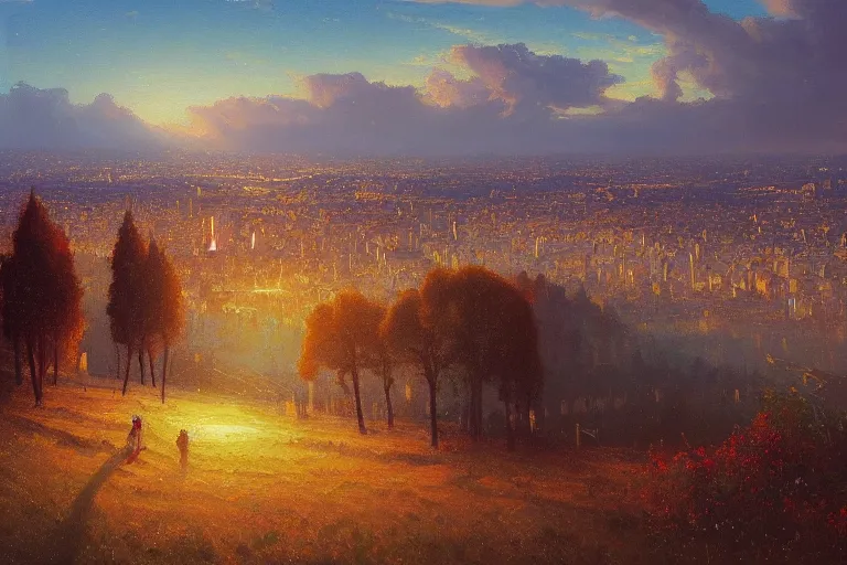 Image similar to a beautiful oil painting of bucharest with impressionist in a serene landscape above with a horizon line in the upper third by john howe and albert bierstadt and alena aenami and dan mumford and dave noton, unreal engine, trending on behance