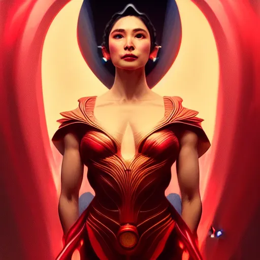 Prompt: jennylyn mercado as darna, volumetric lights, red and cyan theme, art nouveau botanicals, intricate, highly detailed, digital painting, artstation, concept art, smooth, sharp focus, cinematic, illustration, beautiful face, art by artgerm and greg rutkowski and alphonse mucha