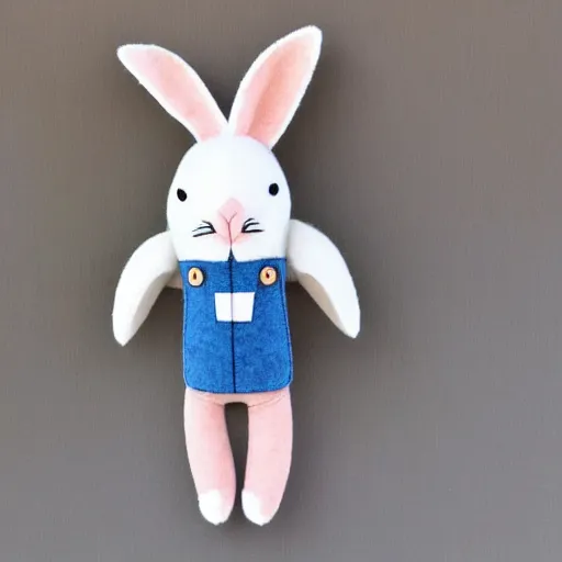 Prompt: a cute elegant felt plush doll of a rabbit wearing overalls