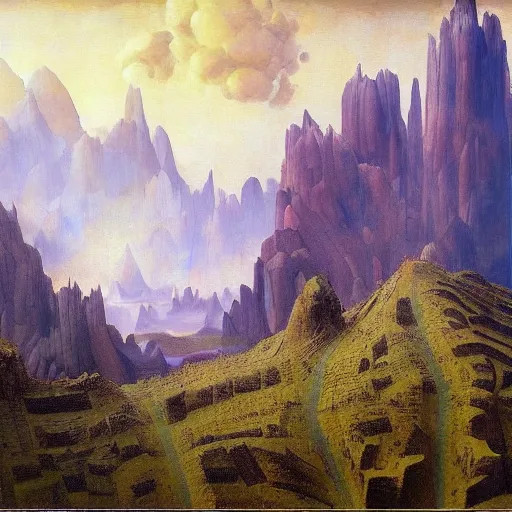 Prompt: beautiful filmed in IMAX dieselpunk painting of a beatiful scenic mountain range surrounded by grainy Zucchini hexagons, by Leonardo da Vinci and Peter Gric and Mark Rothko and Hans Andersen Brendekilde