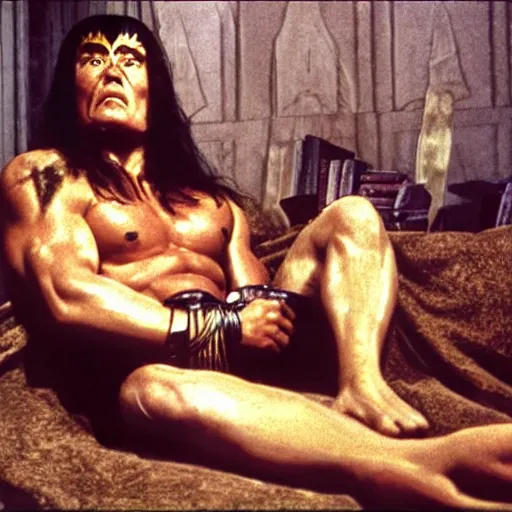 Prompt: photo of conan the barbarian watching television in his tiny apartment, hd ( postprocessed )