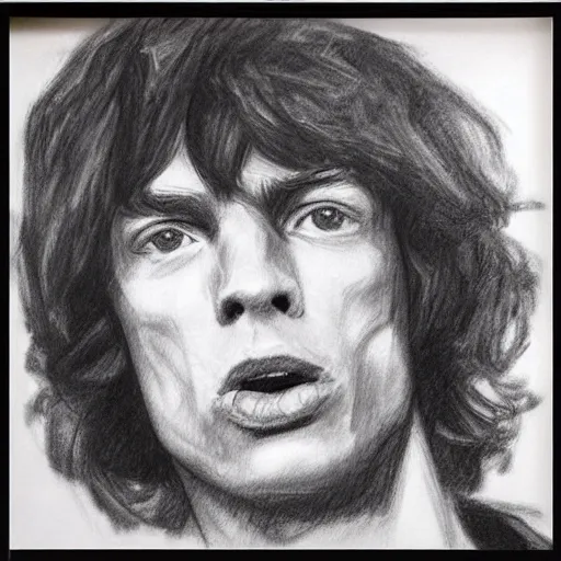 Prompt: rough sketch charcoal portrait of young mick jagger, angled with thick grainy straight strokes around, trending on instagram