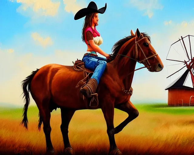 Image similar to a painting of a cowgirl riding her horse with texas wooden windmill in background, in the style of casey baugh and ed binkley, digital art