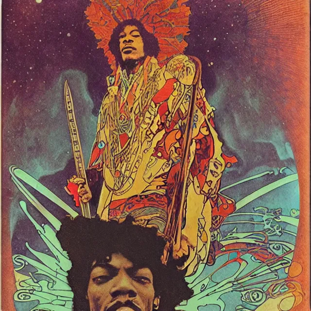 Image similar to polaroid of a vintage record cover by Franklin Booth and Edmund Dulac showing a portrait of Jimi Hendrix as a futuristic space shaman, Alphonse Mucha background, futuristic electric guitar, star map, smoke