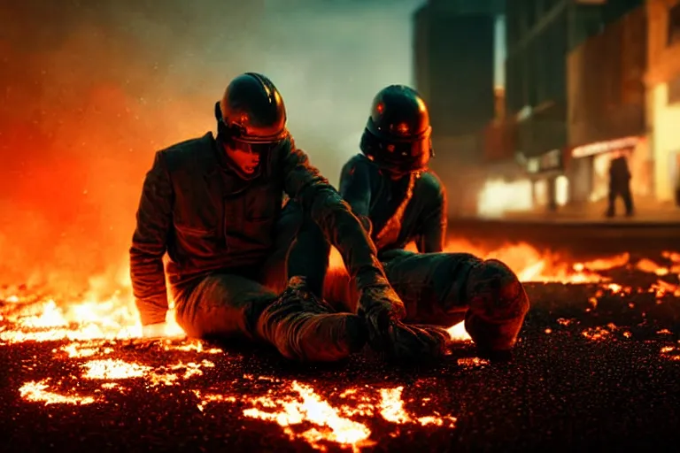 Image similar to vfx film closeup, dead robot couple on the ground holding hands, city street tire tracks fire. flat color profile low - key lighting award winning photography arri alexa cinematography, hyper real photorealistic cinematic atmospheric cool colorgrade