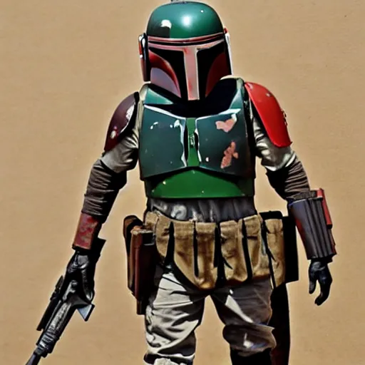 Image similar to Boba Fett in desert camo mandalorian armor and tacticool gear