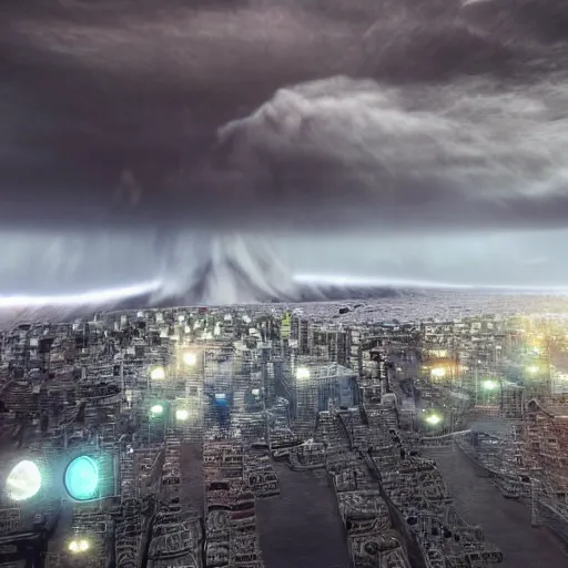 Prompt: tsunami hitting a city, realistic, hyperrealistic, 4k resolution, 8k resolution, HD Quality, highly detailed, very detailed, detailed, studio quality lighting, dramatic lighting, real life