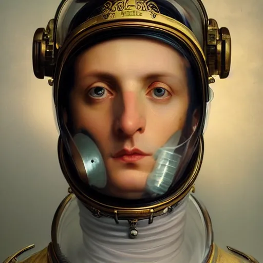 Prompt: portrait of divine emperor napoleon bonaparte, astronaut, glass visor, oxygen mask, handsome, tall, dieselpunk steampunk napoleonic french baroque, metal shoulder pauldrons, intricate, highly detailed, digital painting, artstation, concept art, sharp focus, cinematic lighting, illustration, art by artgerm and greg rutkowski, alphonse mucha, cgsociety