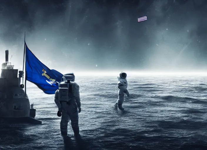 Image similar to astronaut holding a flag in an underwater desert. a submarine is visible in the distance. dark, concept art, cinematic, dramatic, atmospheric, 8 k, trending on artstation, blue, fish, low visibility, fog, ocean floor, christopher nolan, interstellar