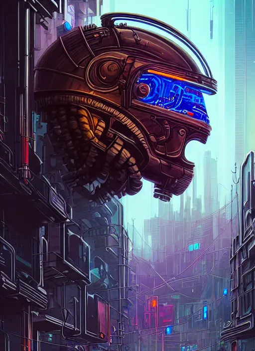 Prompt: a lion cyborg helmet in a cyberpunk city abandoned by dan mumford, center frame singular high fantasy character concept art symmetrical features, digital painting, sharp focus, illustration