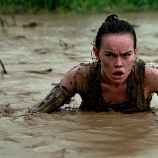 Prompt: film still, close up, daisy ridley as rey rising out of muddy vietnam river with a fierce look, face covered in mud, low camera angle at water level, night time, film still from apocalypse now ( 1 9 7 9 ), 2 6 mm.