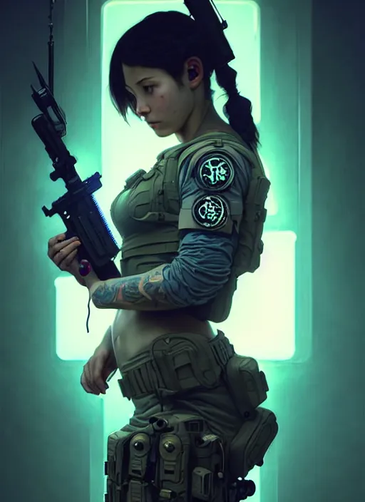 Image similar to girl covered with tattoos wearing tactical gear, intricate lights, bio luminescent, plasma, by ruan jia and artgerm and range murata and wlop and ross tran and william - adolphe bouguereau and beeple. key art. fantasy illustration. award winning, artstation, intricate details, realistic, hyperdetailed, 8 k resolution.